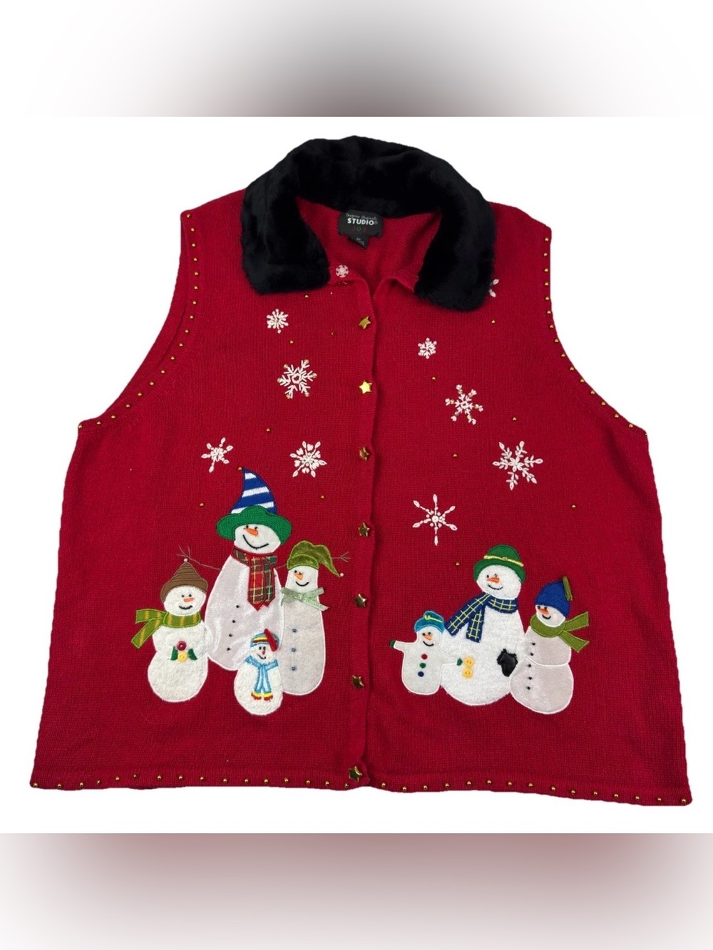 Vintage Christmas Sweater Vest 3X Snowman Faux Fur Collar Beaded Red
